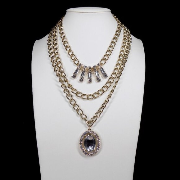 Vintage Juicy Couture Necklace Chunky 3 Row Clear Crystals Gold-tone Y2K Rare